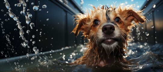 Fototapety  wet dog bathes in the bath Generative AI