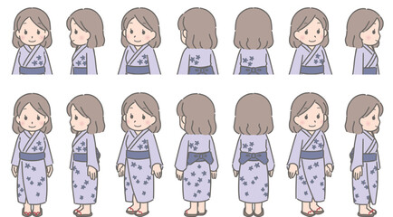 シンプルな浴衣　色々な方向を向く若い女性