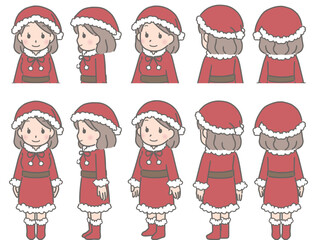 サンタ衣装　色々な方向を向く若い女性