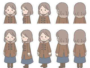 冬用コート　色々な方向を向く若い女性
