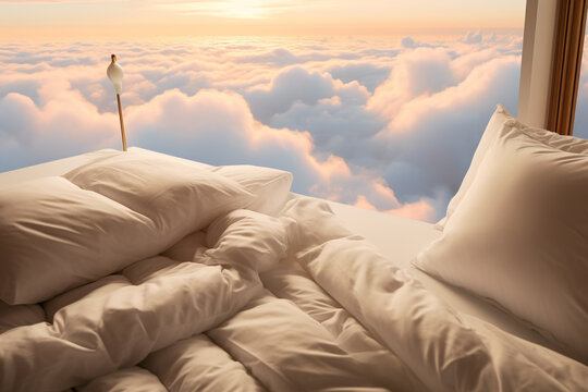 Interior, still life and landscape concept. Sleeping bed with white bedding over the white clouds in room. Beautiful landscape over clouds visible through windows. Generative AI