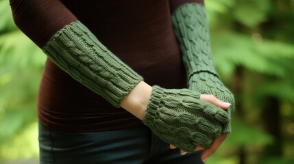  a woman wearing a green knitted arm warmer in a forest.  generative ai - obrazy, fototapety, plakaty
