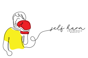 continuous line art of self harm awareness day art. Self harm awareness day is observed every year on 1st march. Psychological disorders concept art.

