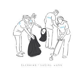 social work line art. Volunteers cleaning the streets.