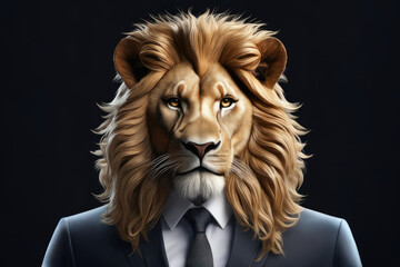Brutal lion in a suit and tie. Isolated on black background. Business concept. Fashionable animals. Head. Boss. Portrait. Bright colors.