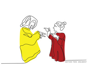 Continuous line art vector of issues between parents and teenager's relationship. Minimal drawing. Teens mental health day is observed every year on 2nd march.