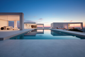 Fototapeta premium Minimalist cubic house exterior with swimming pool, modern country house, seaside holiday in modern villa, sunset view