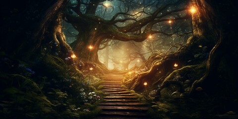enchanted path through magical forest cinematic 4k - obrazy, fototapety, plakaty