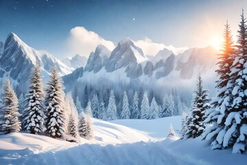 A digital Christmas card with a snowy mountain scene.