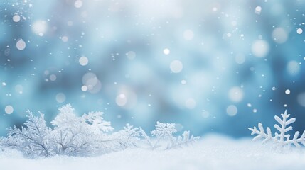 Blurred winter snow background with snow drifts, with beautiful light and snowflakes on the blue sky in the evening, banner format, copy space