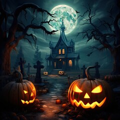 Background for Halloween, haunted mansion in the middle of a forest on a scary full moon night, decorated with Halloween pumpkins, generated by AI.