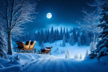 A winter wonderland wallpaper with Santa's sleigh soaring over a moonlit forest. - obrazy, fototapety, plakaty