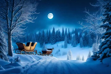 Fotobehang A winter wonderland wallpaper with Santa's sleigh soaring over a moonlit forest. © shahzad
