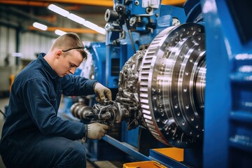 Photo of a male worker checking quality of mechanisms at a large machine-building enterprise. Mechanical engineering, as one of the most important components of independence of the country's economy.