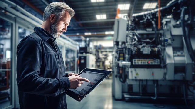 Portrait of an engineer holding a tablet near a large CNC machine working in an industrial plant. Inspection, tool control, electronic control.