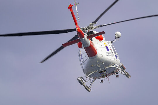 Tenerife, Spain; September 29 2023: rescue helicopter of the Canarian Government, Bell 412 EP, flying , rear view, Canary islands