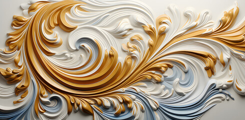 a gold and white wallpaper with a lot of swirls, in the style of tropical baroque, repetitive, batik, decorative