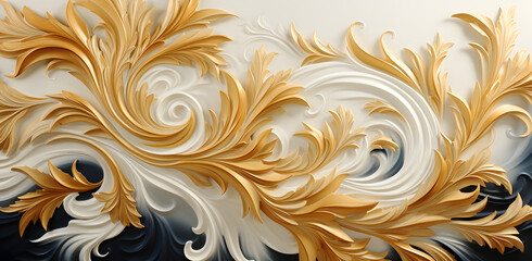 a gold and white wallpaper with a lot of swirls, in the style of tropical baroque, repetitive, batik, decorative