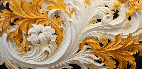 a gold and white wallpaper with a lot of swirls, in the style of tropical baroque, repetitive, batik, decorative