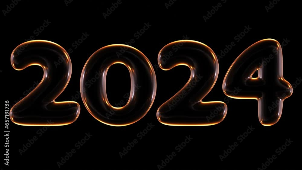 Poster seamless animation of glowing new year 2024 with light and reflections isolated on black background 