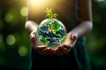 Children's hands hold a small globe of planet earth with a young plant. The concept of environmental protection, the fragility of the ecological system, ecological world. 
