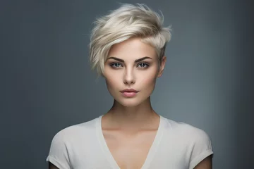 Tuinposter Generative AI picture of beautiful blonde woman fashion model after salon hairdresser procedure © deagreez
