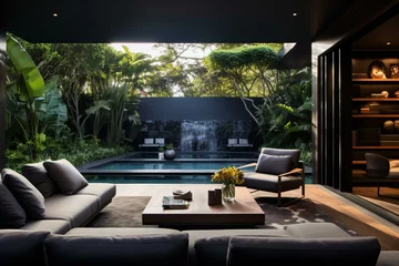 Fotobehang Contemporary lounge overlooking outdoor area featuring a pool and lush garden. Generative AI © Daniel