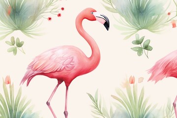 Naklejka premium Watercolor pattern featuring pink flamingo bird. Generative AI