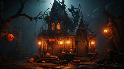 Fototapeta na wymiar Halloween Themed Store Display Featuring Animatronic Haunted House - Spooky Retail Atmosphere, AI-Generated