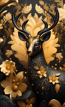 Elegant Luxury Golden and Black Deer Animal with Seamless Floral and Flowers with Leaves background. 3d Abstraction Modern interior mural painting illustration of a deer with flower, Generative AI 