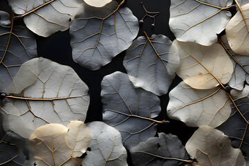 a beautiful black and white photo of dried leaves, in the style of infinity nets, translucent planes, trompe-l'œil illusionistic detail, striated resin veins, human connections