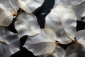 a beautiful black and white photo of dried leaves, in the style of infinity nets, translucent planes, trompe-l'œil illusionistic detail, striated resin veins, human connections