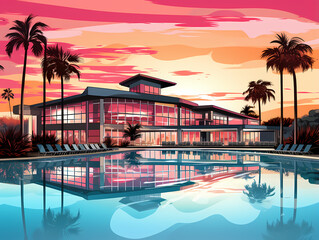 Fototapeta premium Pool With Palm Trees And A Building With A Pink Sky