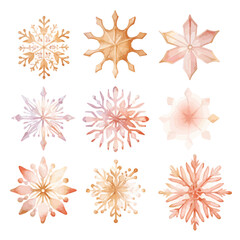 set of watercolor pink and gold snowflakes vectors 