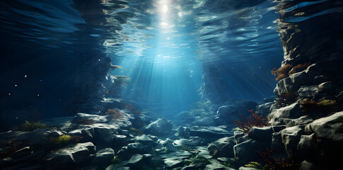 an ray of light coming out of water in the underwater, in the style of realistic scenery, azure, high detailed, detailed background elements, albrecht anker, photo-realistic landscapes, detailed backg