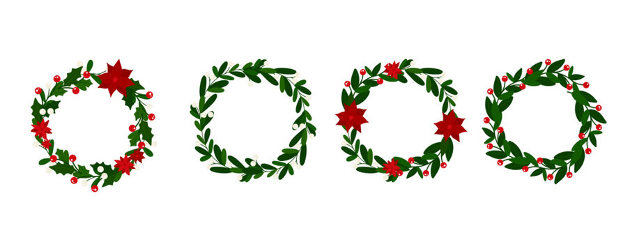 Collection of Christmas wreaths. Christmas decor. Vector flat illustration isolated on white background