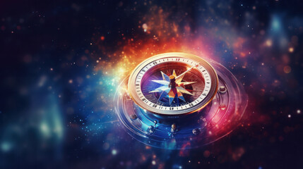 Compass pointing to goals against illuminated beautiful space - obrazy, fototapety, plakaty