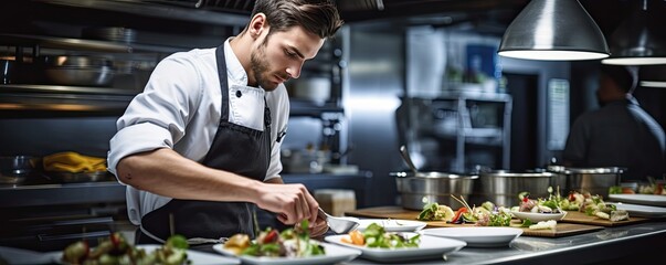 Chef preparing a salad in a restaurant for visitors. Cook man neatly decorates the dish. Young professional chef adding some piquancy to meal. Format photo 5:2. - obrazy, fototapety, plakaty