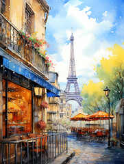 Watercolor Of A Street With A Tower In The Background