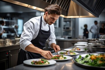 Chef preparing a salad in a restaurant for visitors. Cook man neatly decorates the dish. Young professional chef adding some piquancy to meal. Format photo 3:2. - obrazy, fototapety, plakaty