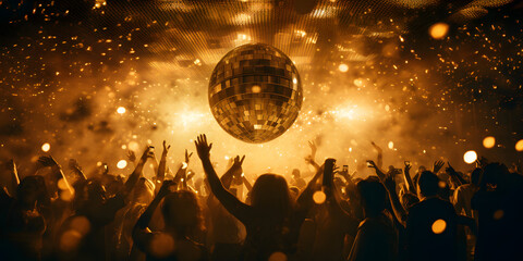 A crowd of people in a music event, dancing in gold color lights