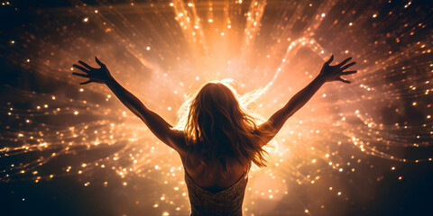 A woman seen from back in a music event, dancing in gold color lights - obrazy, fototapety, plakaty