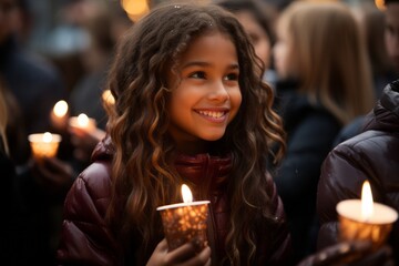 Young happy beautiful kid holding a candle for celebrate in Christmas ceremony  - obrazy, fototapety, plakaty