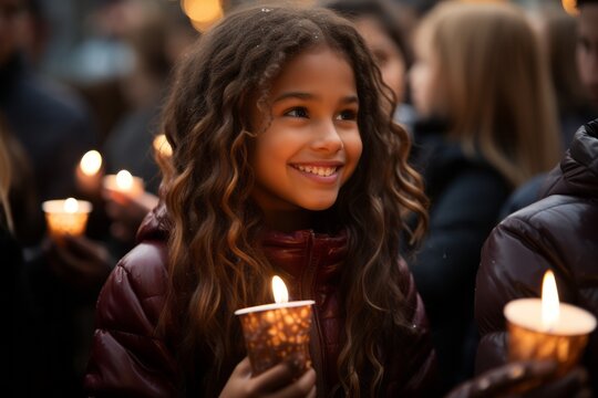 Young happy beautiful kid holding a candle for celebrate in Christmas ceremony 