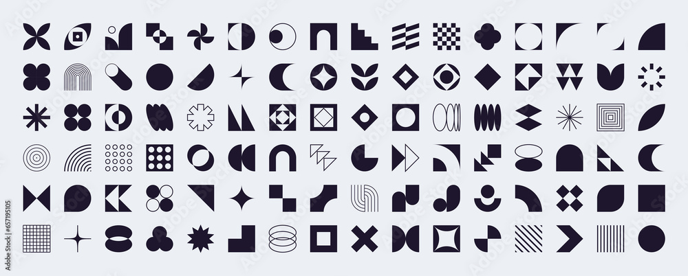 Aufkleber black brutalist style shapes, bauhaus design aesthetic elements, abstract geometric forms and symbol
