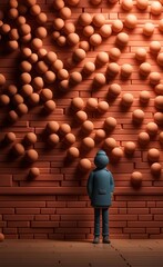 Interior. Brick wall with balls. 3d Image, Generative AI 