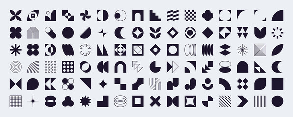 Black brutalist style shapes, bauhaus design aesthetic elements, abstract geometric forms and symbols. Retro swiss graphic element, simple star, lines and arch shape, basic figure vector set