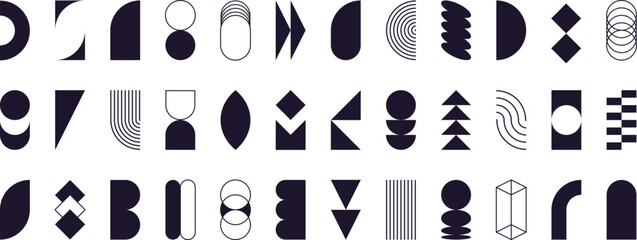 Abstract geometric shapes, bauhaus aesthetic elements, swiss style forms and symbols. Retro design graphic element, simple lines, arch and circle shape, basic figures vector set