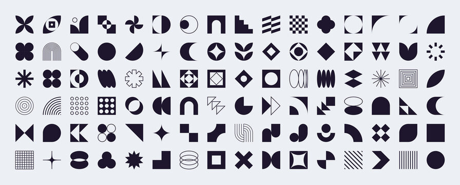 Black brutalist style shapes, bauhaus design aesthetic elements, abstract geometric forms and symbols. Retro swiss graphic element, simple star, lines and arch shape, basic figure vector set