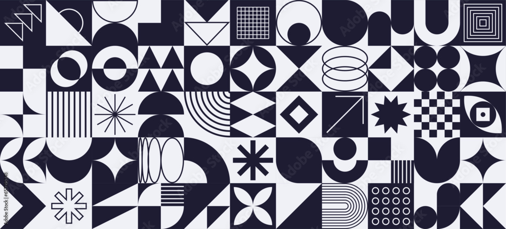 Poster abstract geometric shapes, monochrome seamless pattern with brutalism aesthetic elements, swiss styl